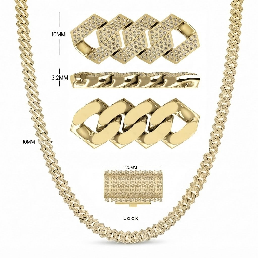 10mm Moissanite Diamond Fully Iced Three Row Pave Cuban Link Chain