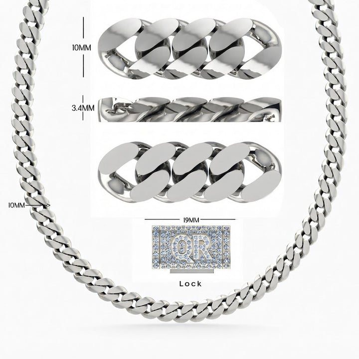 10mm Classic Plain Cuban Link Chain With QR Letter Diamond Lock