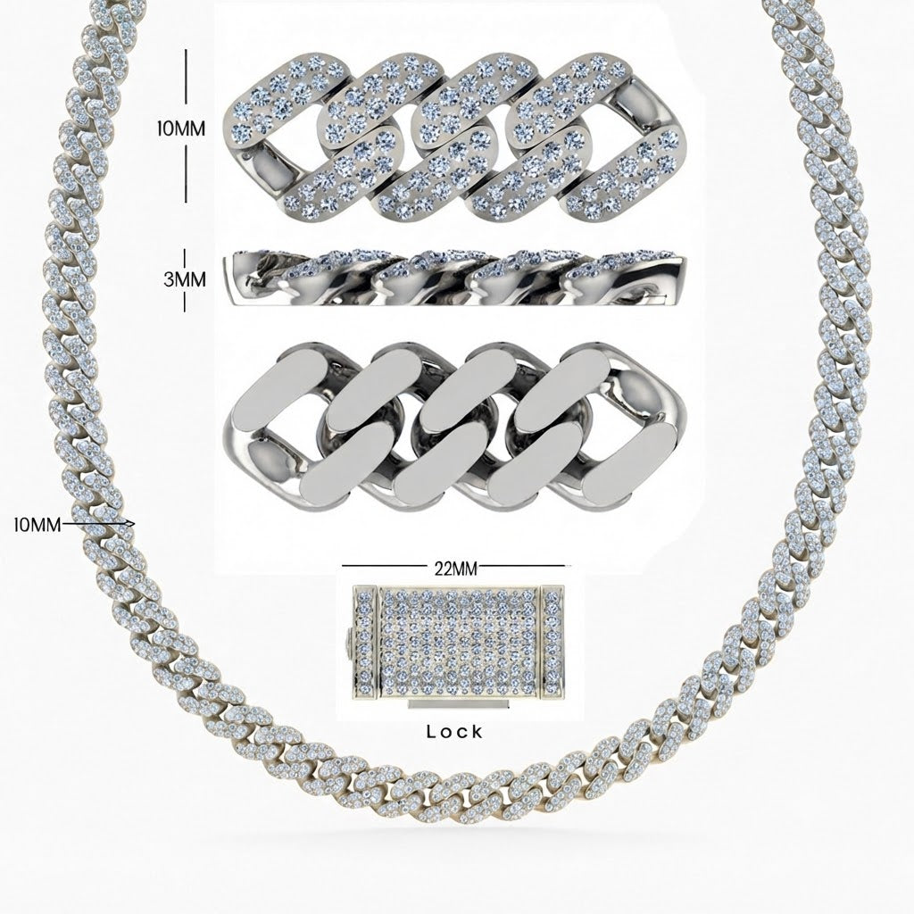 10mm Moissanite Diamond Double Row Fully Iced Classic Cuban Link Chain