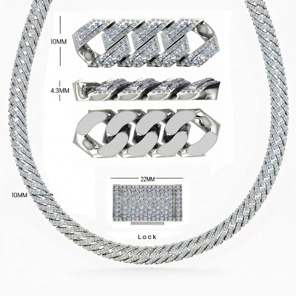 10mm Moissanite Diamond Fully Iced Angled Cuban Link Chain - 4.3mm Wide