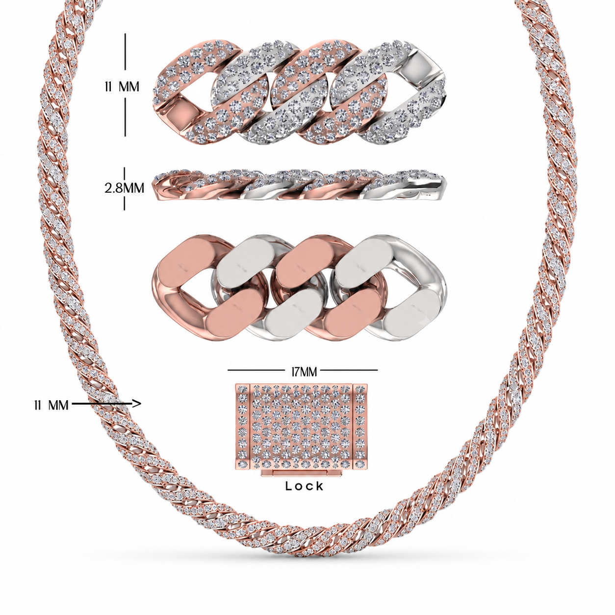 11mm Moissanite Diamond Fully Iced Two Tone Cuban Link Chain