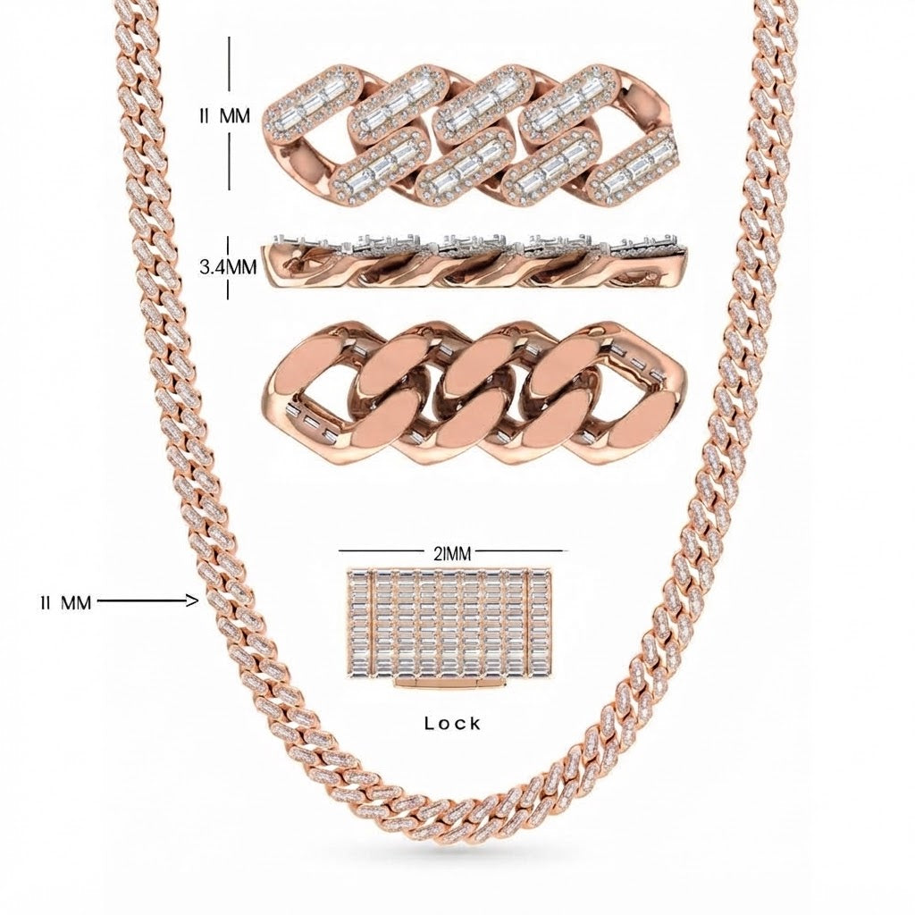 11mm Moissanite Diamond Baguette Iced Cuban Link Chain