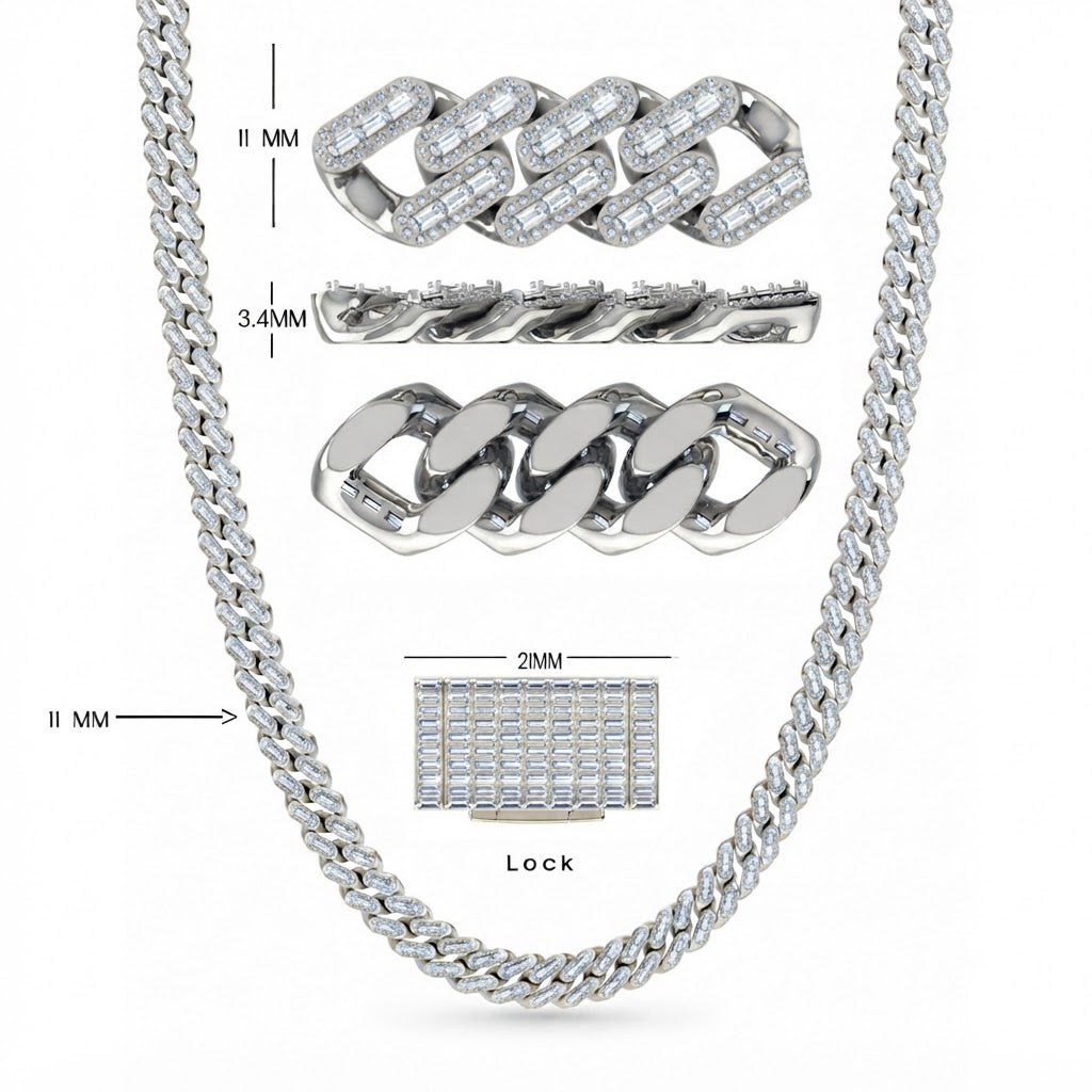 11mm Moissanite Diamond Baguette Iced Cuban Link Chain