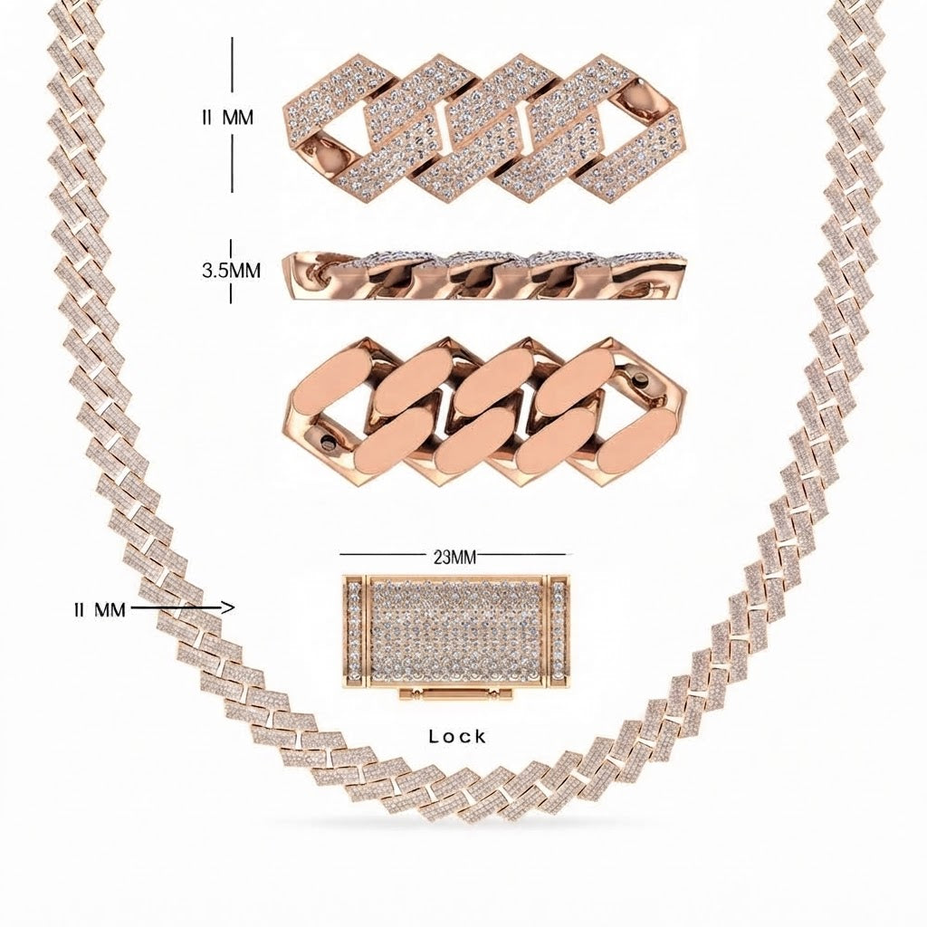 11mm Moissanite Diamond Fully Iced Square Three Row Cuban Link Chain