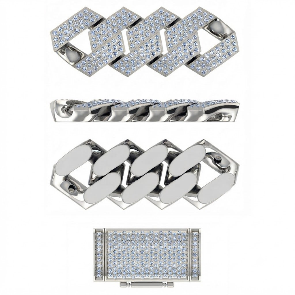 11mm Moissanite Diamond Fully Iced Square Three Row Cuban Link Chain