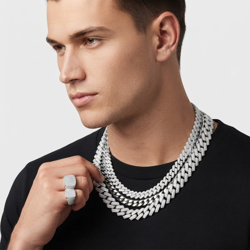 11mm Moissanite Diamond Fully Iced Square Three Row Cuban Link Chain