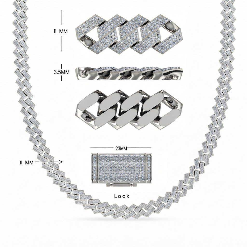 11mm Moissanite Diamond Fully Iced Square Three Row Cuban Link Chain