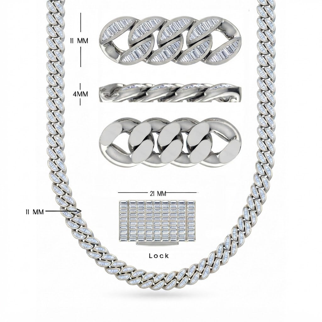 11mm Moissanite Diamond Baguette Iced Cuban Link Chain