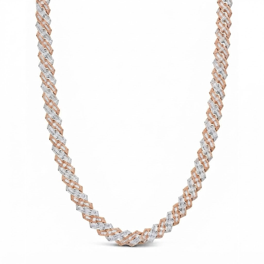 12mm Moissanite Diamond Baguette Two-Tone Cuban Link Chain