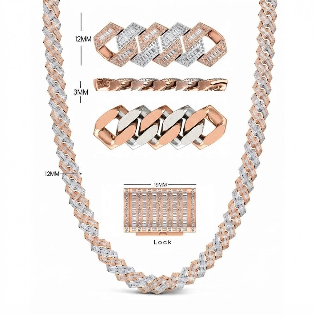12mm Moissanite Diamond Baguette Two-Tone Cuban Link Chain