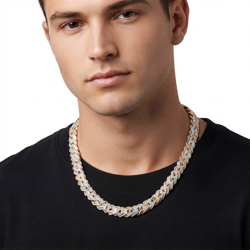 12mm Moissanite Diamond Baguette Two-Tone Cuban Link Chain