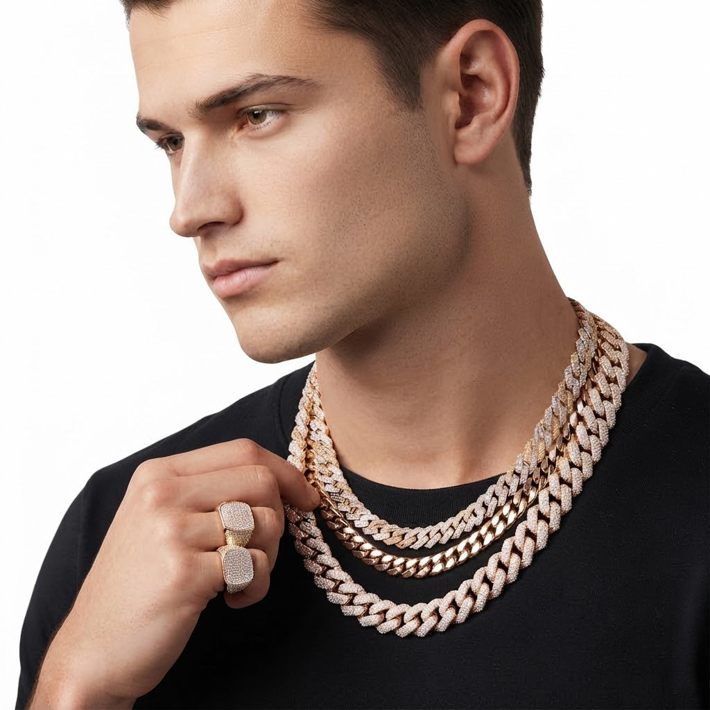 12mm Moissanite Diamond Baguette Two-Tone Cuban Link Chain
