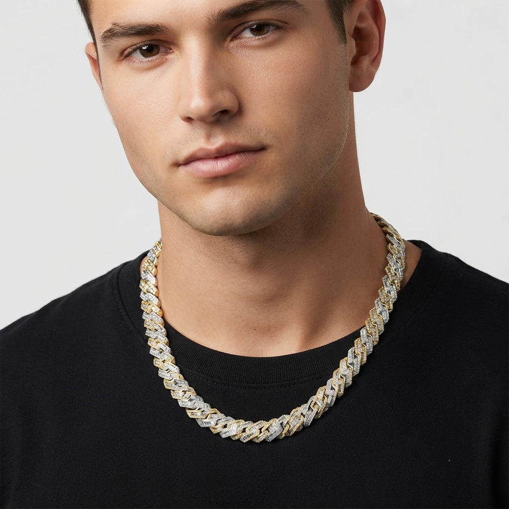 12mm Moissanite Diamond Baguette Two-Tone Cuban Link Chain