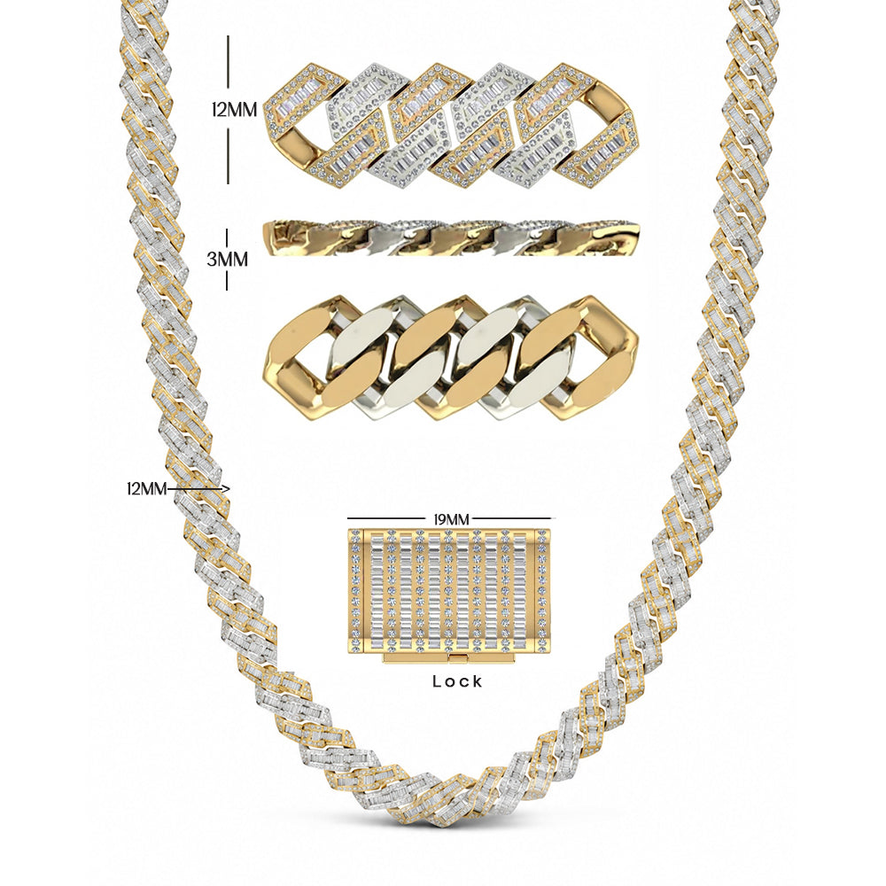 12mm Moissanite Diamond Baguette Two-Tone Cuban Link Chain
