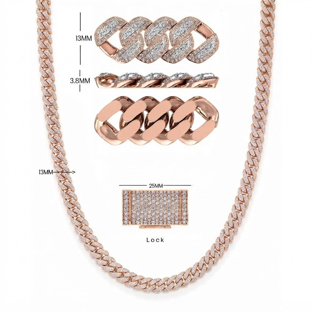 13mm Moissanite Diamond Fully Iced Cuban Link Chain – 25mm Lock