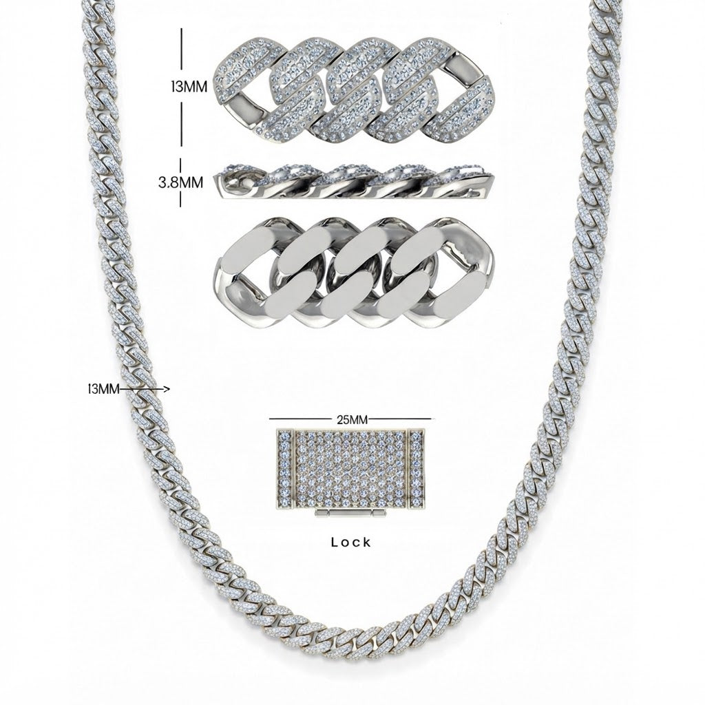 13mm Moissanite Diamond Fully Iced Cuban Link Chain – 25mm Lock