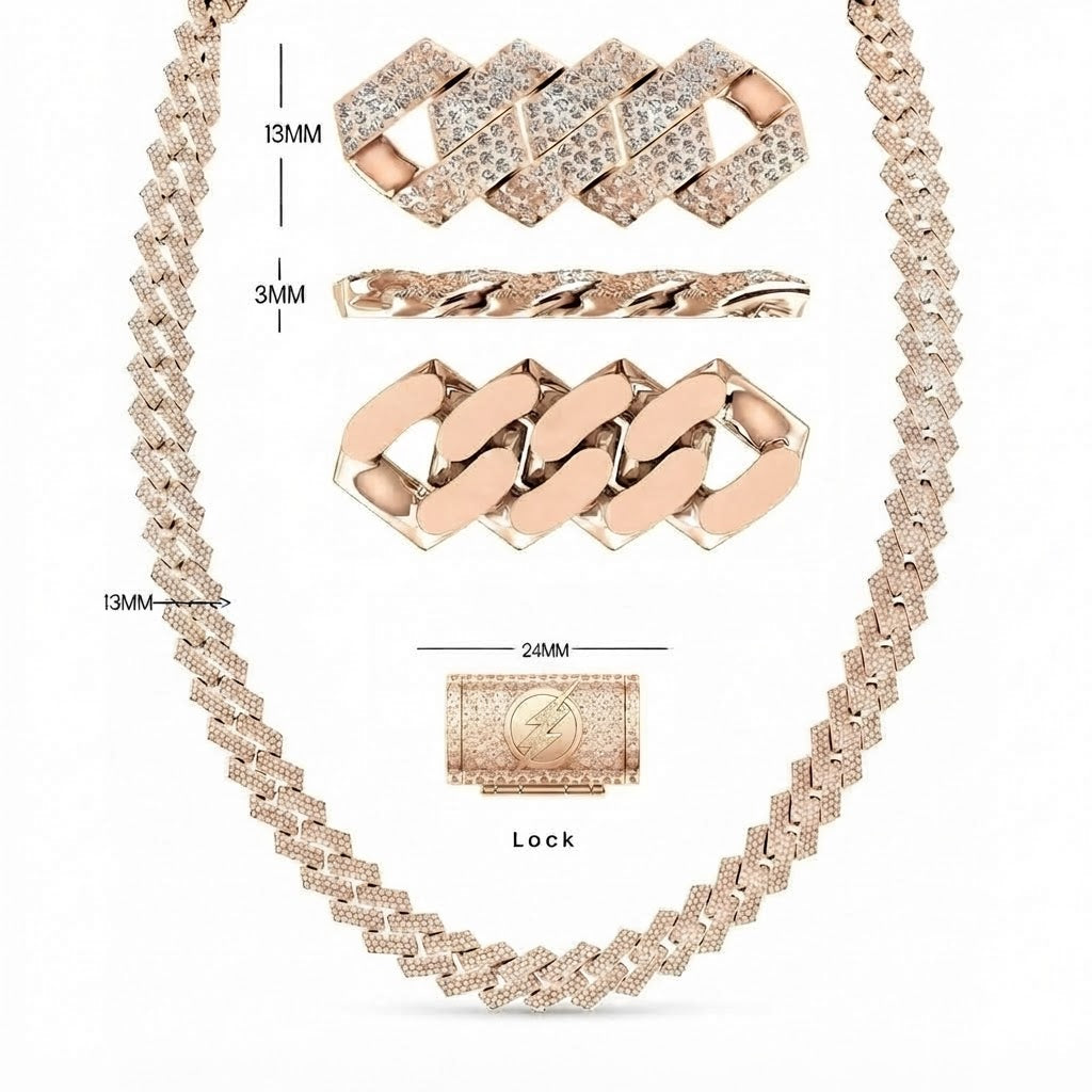 13mm Moissanite Diamond Fully Iced Three Row Square Cuban Link Chain