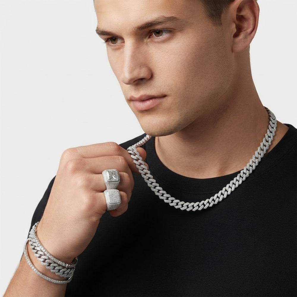 13mm Moissanite Diamond Fully Iced Three Row Square Cuban Link Chain