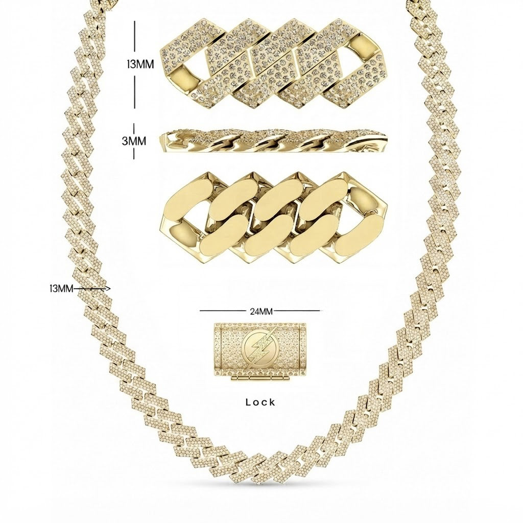 13mm Moissanite Diamond Fully Iced Three Row Square Cuban Link Chain