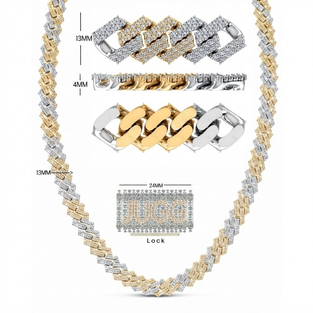 13mm Moissanite Diamond Two-Tone Fully Iced Cuban Link Chain
