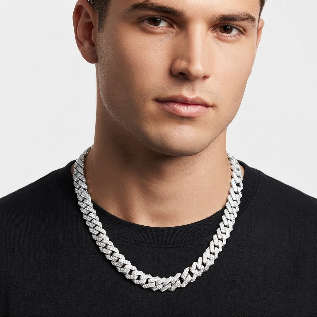 13mm Iced Double Row Cuban Link Chain with Moissanite Diamonds