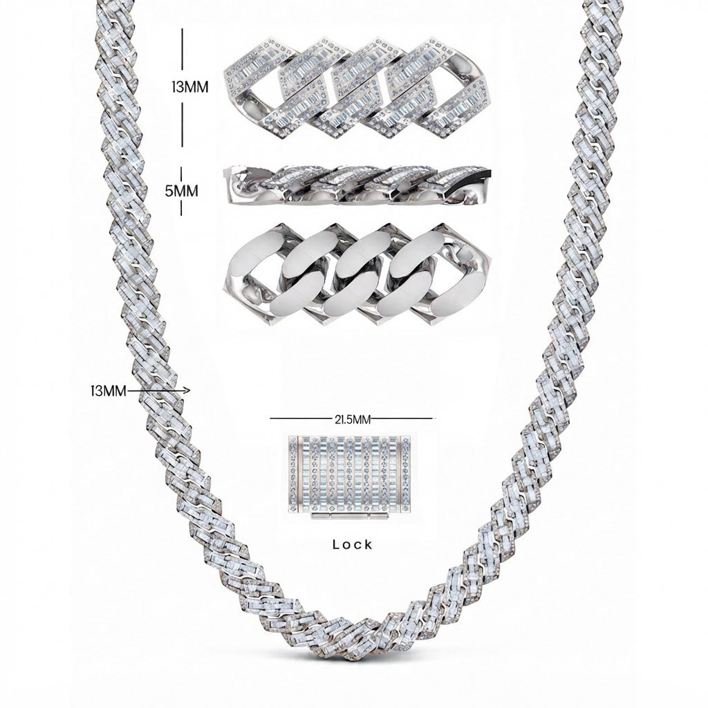 13mm Iced Out Moissanite Baguette Cuban Link Chain – 5mm Wide