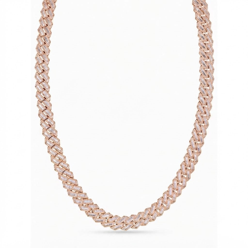 14mm Moissanite Diamond Fully Iced Baguette Round Cuban Link Chain