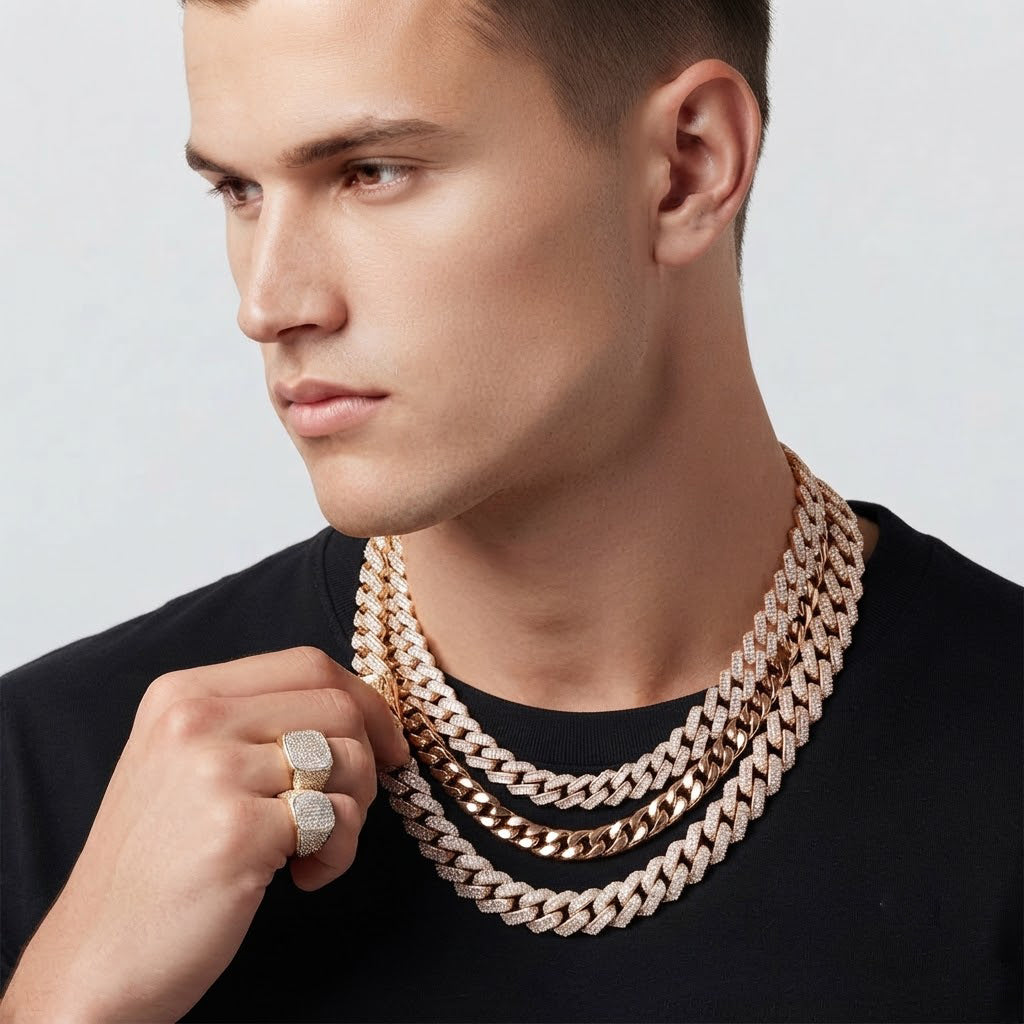 14mm Moissanite Diamond Fully Iced Baguette Round Cuban Link Chain