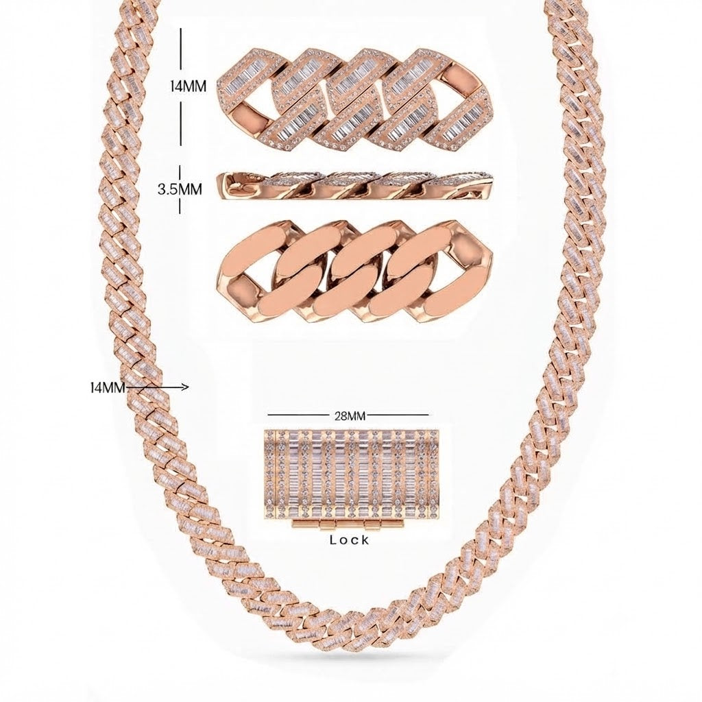 14mm Moissanite Diamond Fully Iced Baguette Round Cuban Link Chain