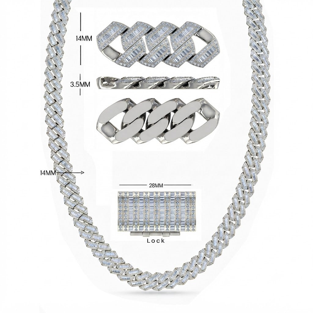 14mm Moissanite Diamond Fully Iced Baguette Round Cuban Link Chain