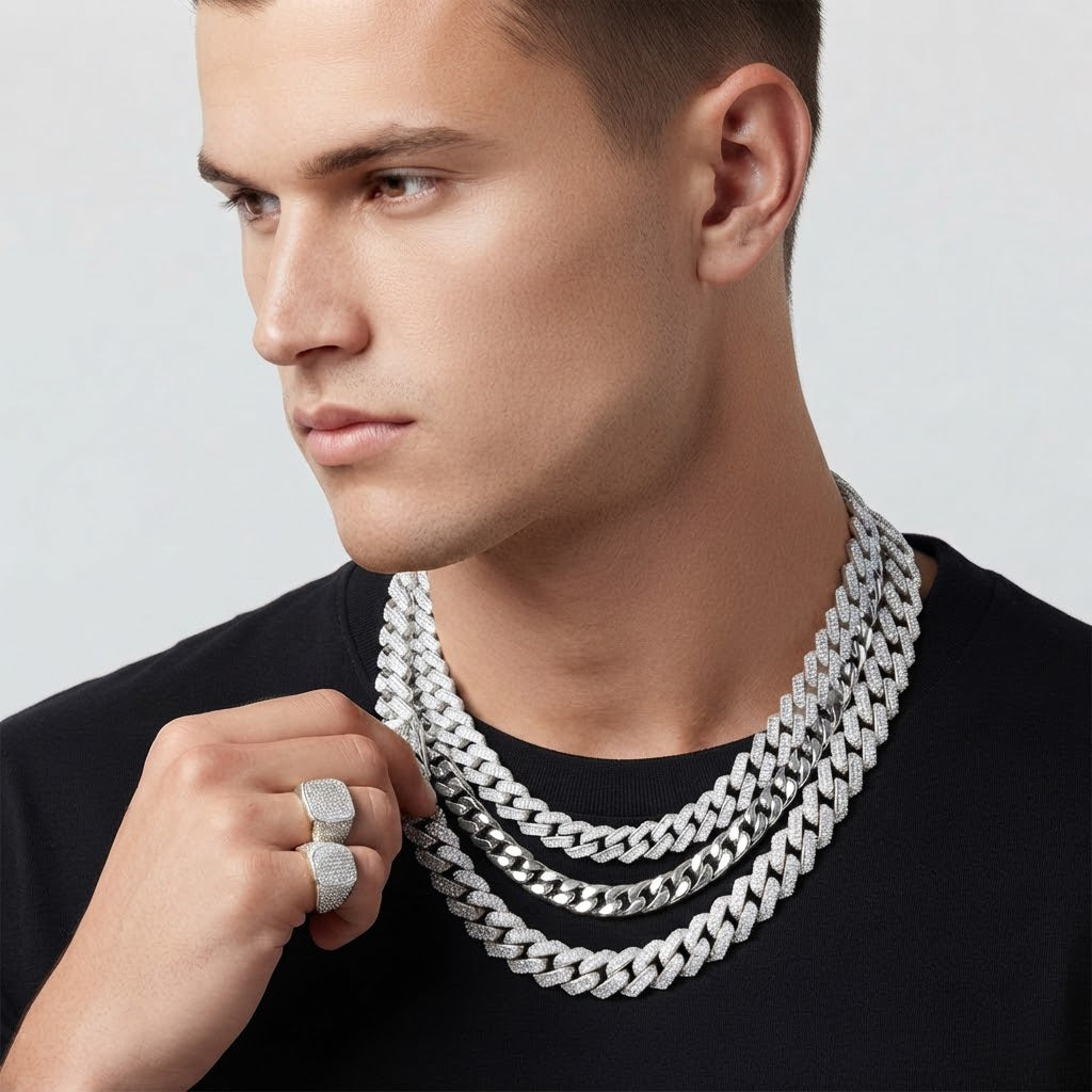 14mm Moissanite Diamond Fully Iced Baguette Round Cuban Link Chain