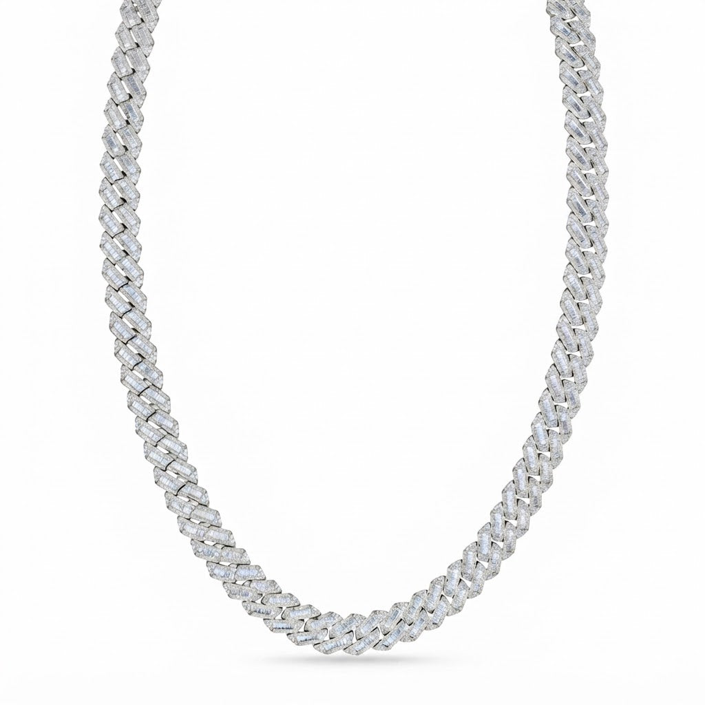 14mm Moissanite Diamond Fully Iced Baguette Round Cuban Link Chain