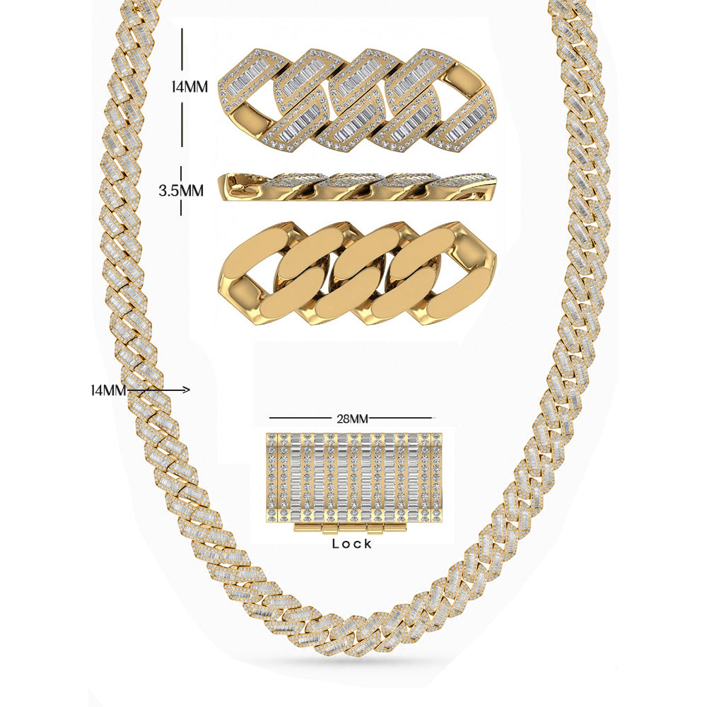 14mm Moissanite Diamond Fully Iced Baguette Round Cuban Link Chain