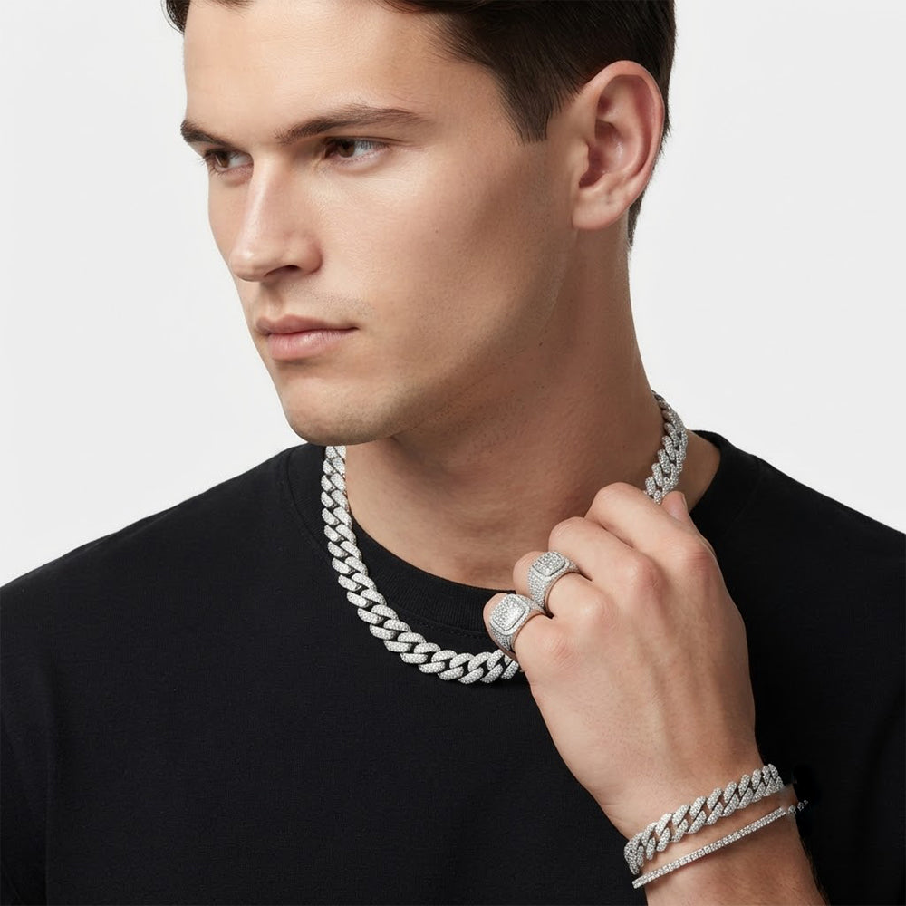 14mm Moissanite Diamond Fully Iced Three Row Cuban Link Chain