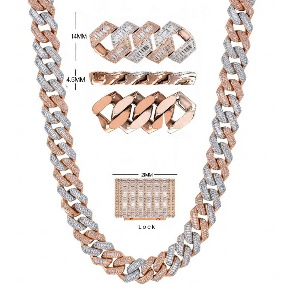14mm Moissanite Diamond Two Tone Fully Iced Baguette Round Cuban Link Chain