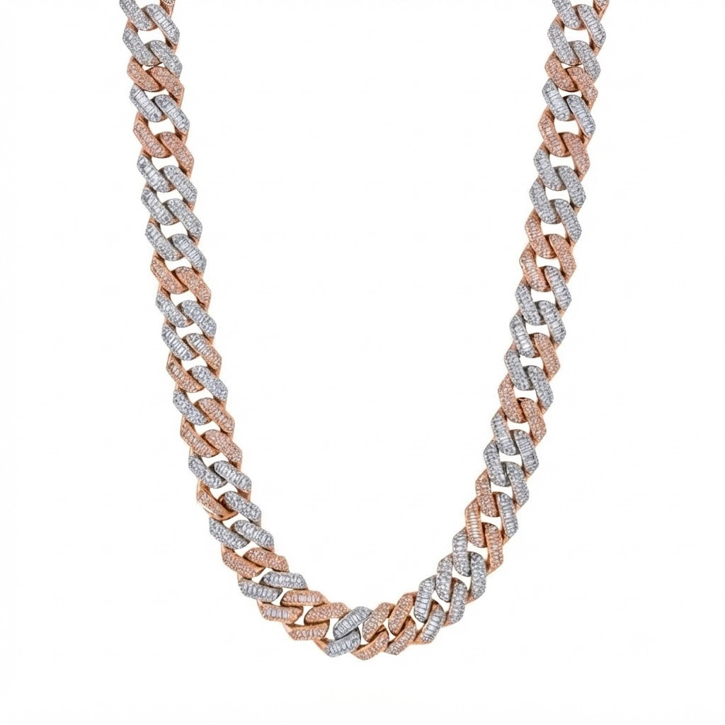 14mm Moissanite Diamond Two Tone Fully Iced Baguette Round Cuban Link Chain