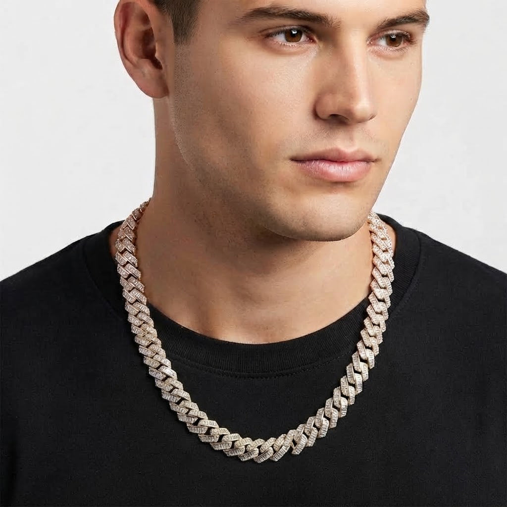 14mm Moissanite Diamond Two Tone Fully Iced Baguette Round Cuban Link Chain