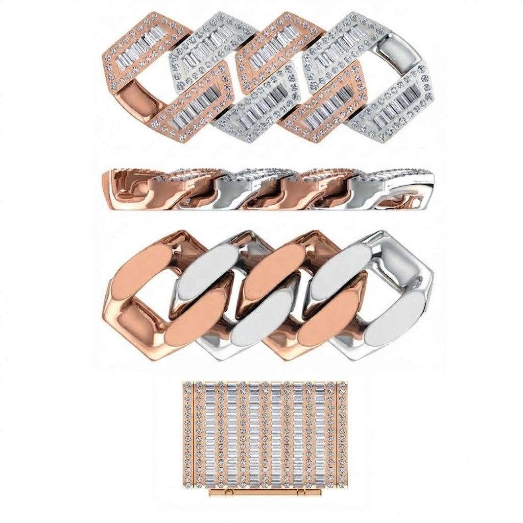 14mm Moissanite Diamond Two Tone Fully Iced Baguette Round Cuban Link Chain