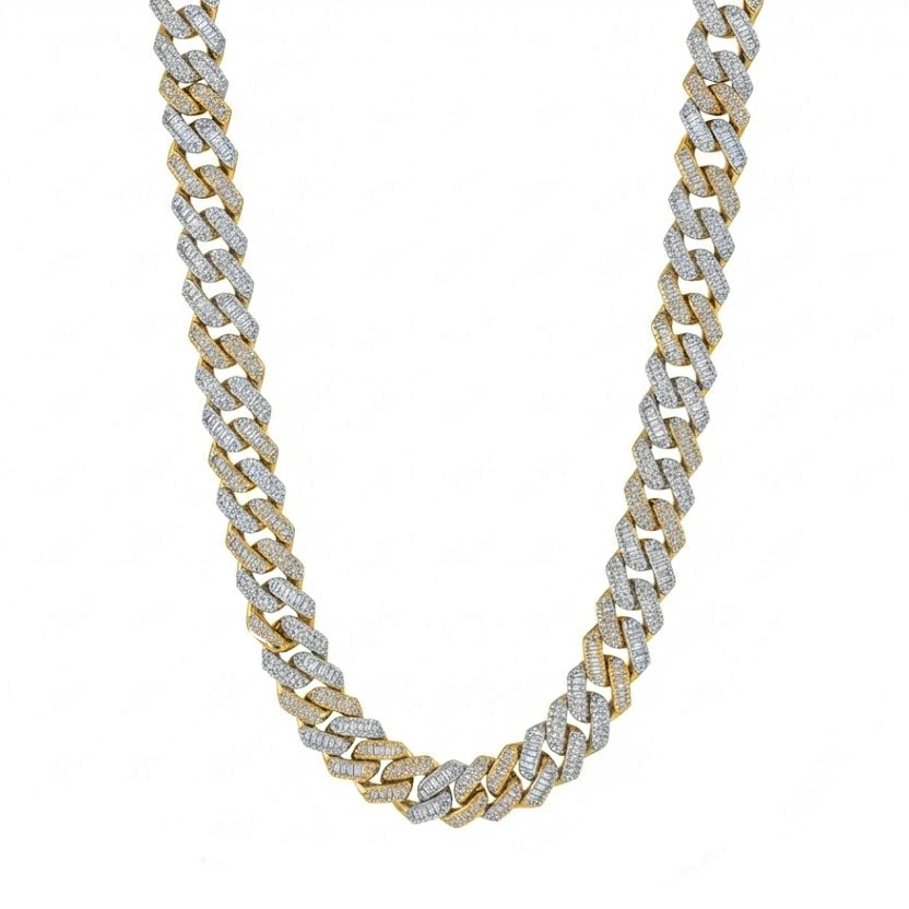 14mm Moissanite Diamond Two Tone Fully Iced Baguette Round Cuban Link Chain
