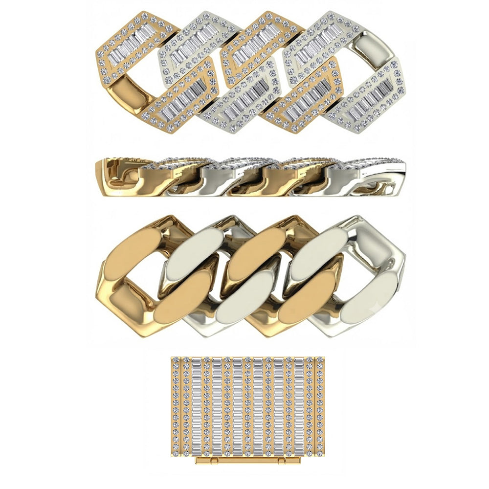 14mm Moissanite Diamond Two Tone Fully Iced Baguette Round Cuban Link Chain