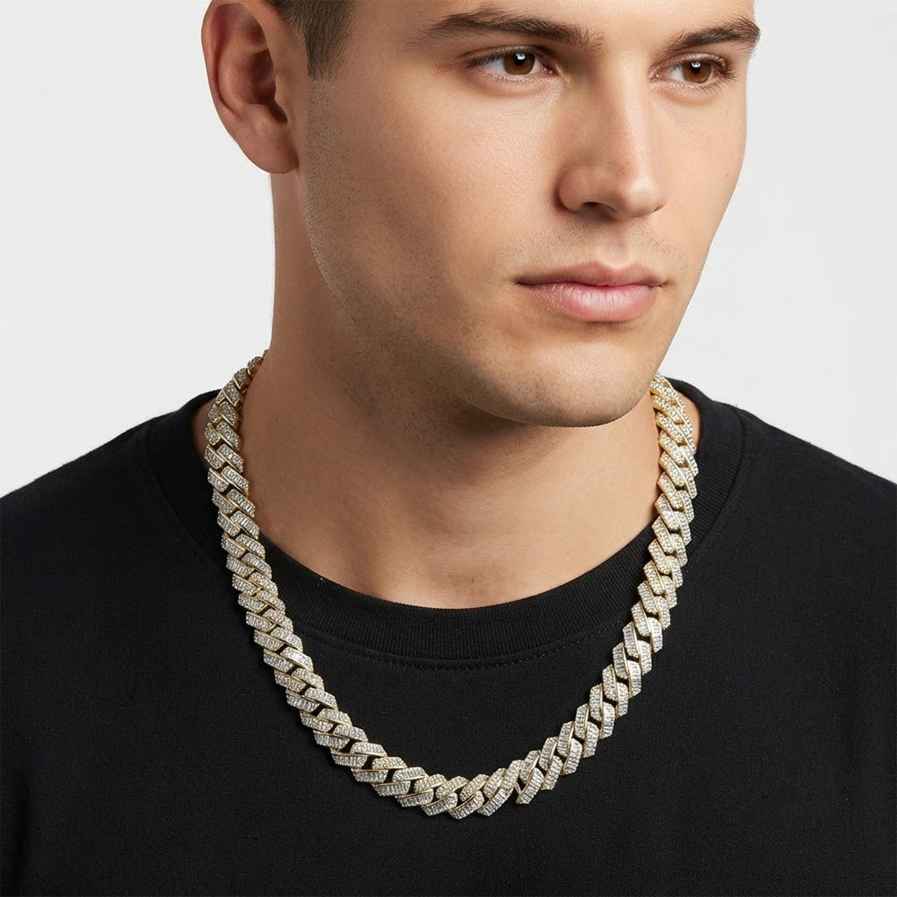 14mm Moissanite Diamond Two Tone Fully Iced Baguette Round Cuban Link Chain
