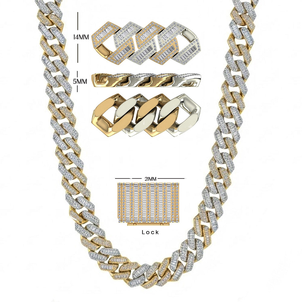 14mm Moissanite Diamond Two Tone Fully Iced Baguette Round Cuban Link Chain