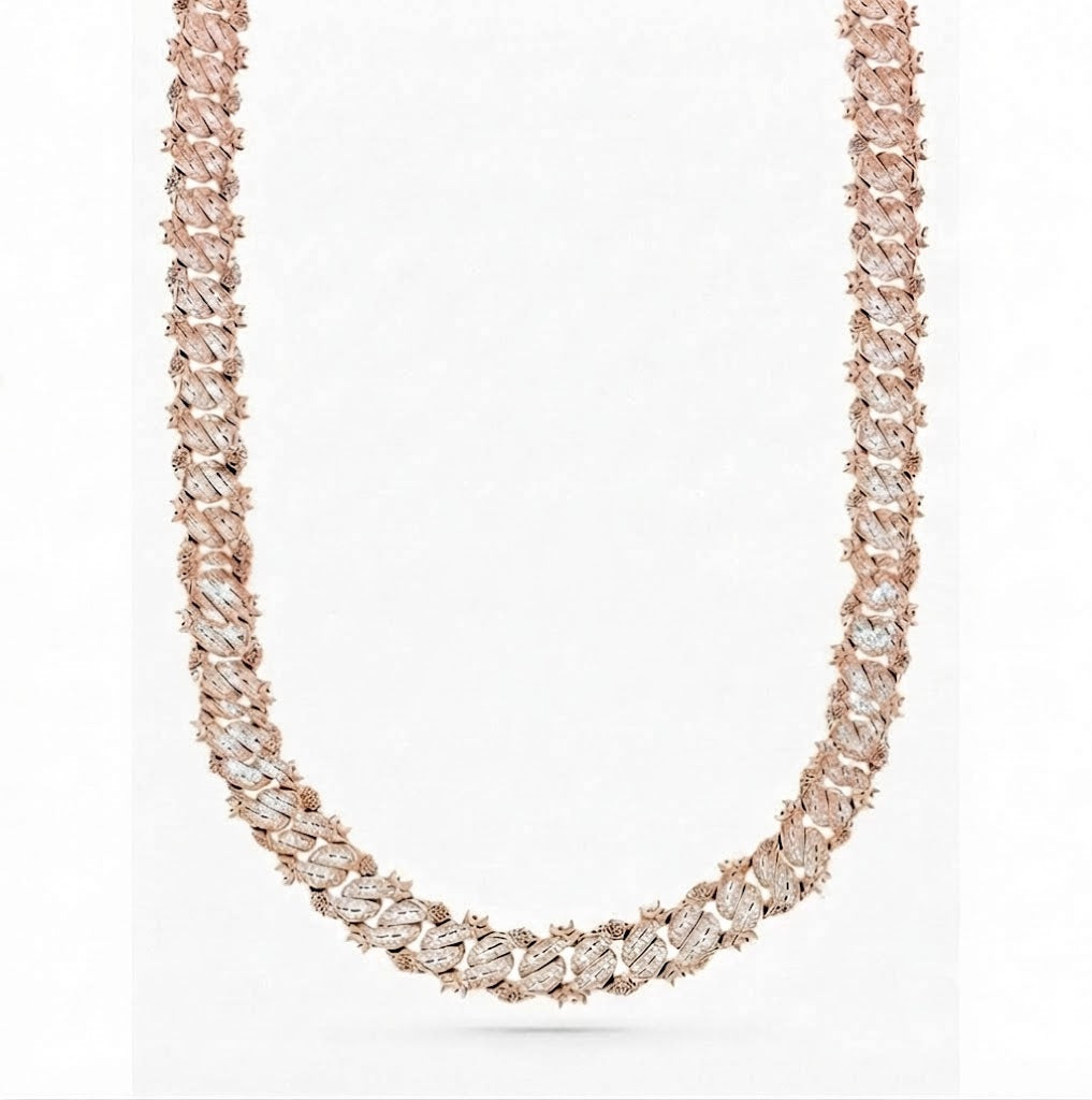 14mm Moissanite Diamond Fully Iced Spiked Rose Design Cuban Link Chain