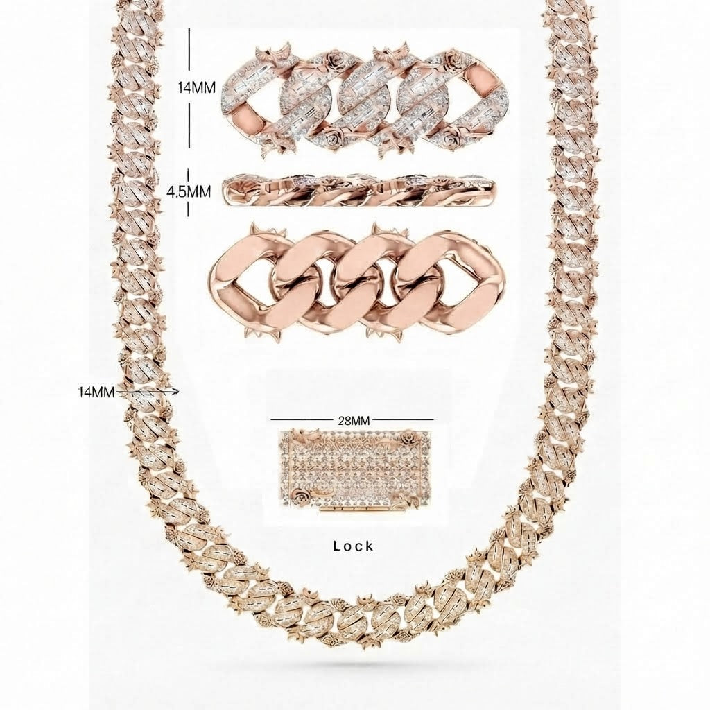 14mm Moissanite Diamond Fully Iced Spiked Rose Design Cuban Link Chain
