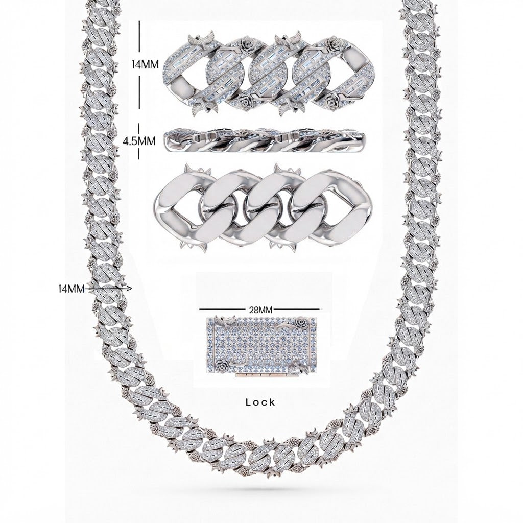 14mm Moissanite Diamond Fully Iced Spiked Rose Design Cuban Link Chain