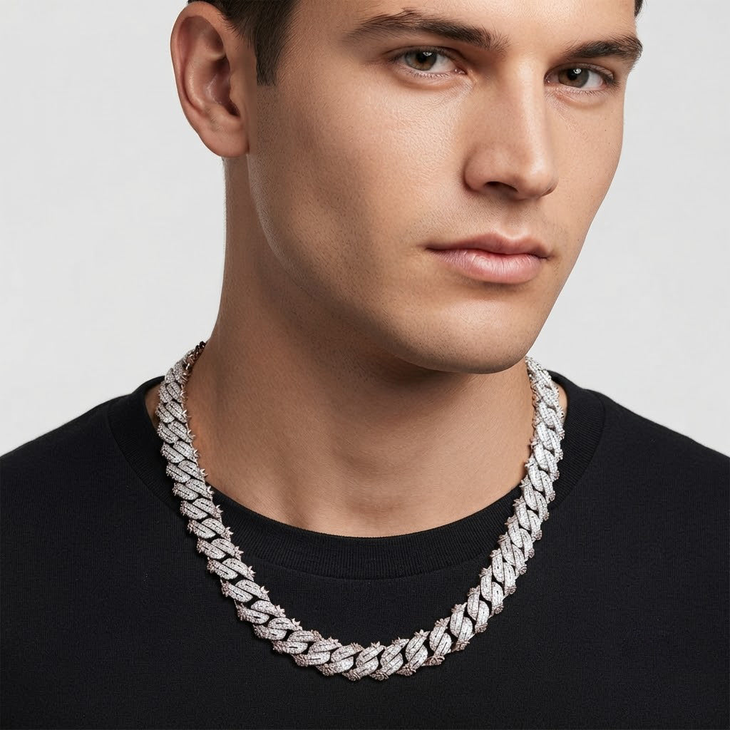 14mm Moissanite Diamond Fully Iced Spiked Rose Design Cuban Link Chain