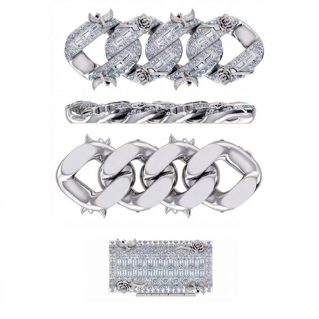 14mm Moissanite Diamond Fully Iced Spiked Rose Design Cuban Link Chain