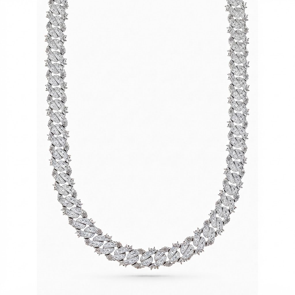 14mm Moissanite Diamond Fully Iced Spiked Rose Design Cuban Link Chain