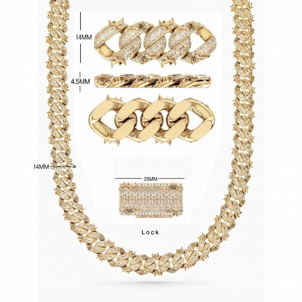 14mm Moissanite Diamond Fully Iced Spiked Rose Design Cuban Link Chain