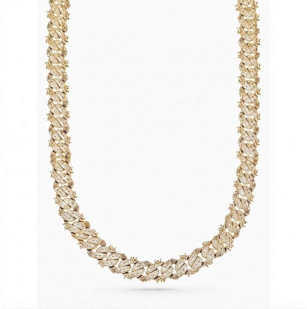 14mm Moissanite Diamond Fully Iced Spiked Rose Design Cuban Link Chain